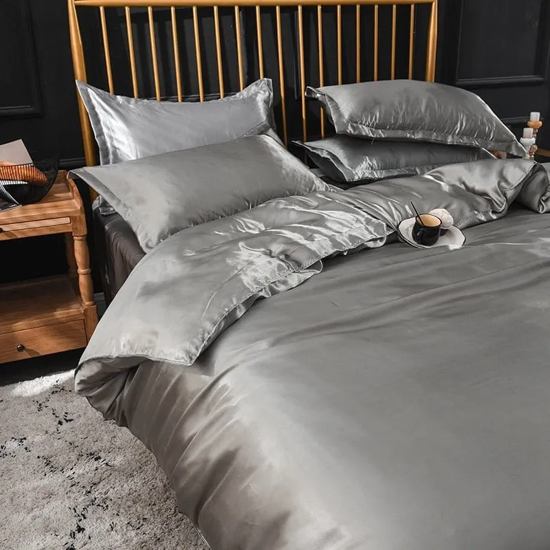 Gris type satin - Drap housse / Housse de couette / 2 taies d'oreiller