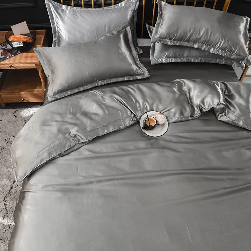 Gris type satin - Drap housse / Housse de couette / 2 taies d'oreiller