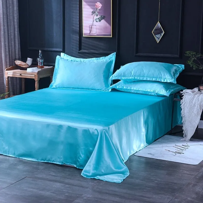 Bleu turquoise type satin - Drap housse / Housse de couette / 2 taies d'oreiller
