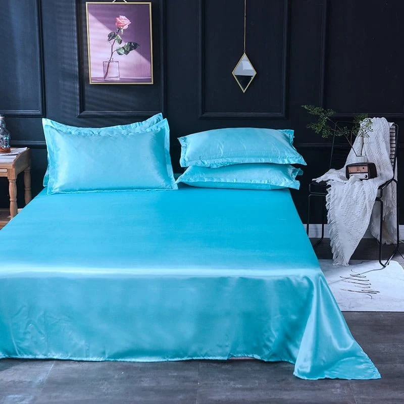 Bleu turquoise type satin - Drap housse / Housse de couette / 2 taies d'oreiller