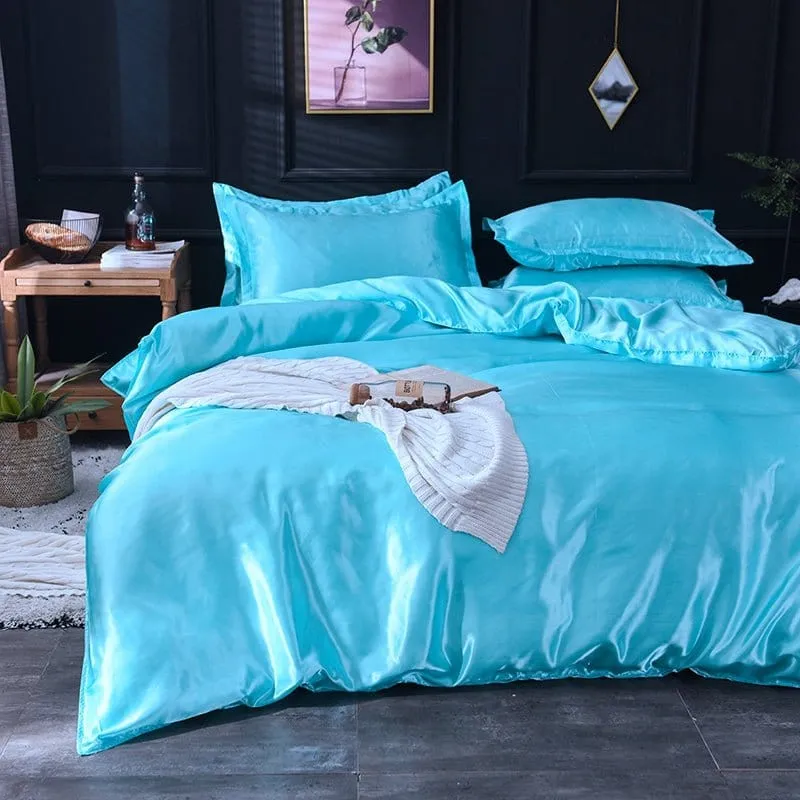 Bleu turquoise type satin - Drap housse / Housse de couette / 2 taies d'oreiller