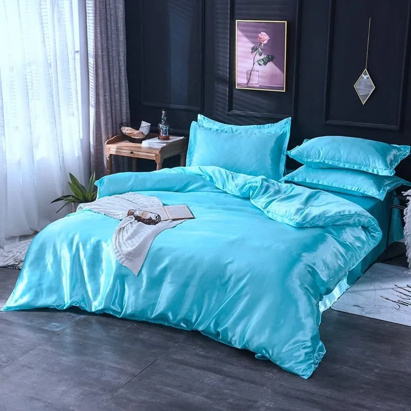 Bleu turquoise type satin - Drap housse / Housse de couette / 2 taies d'oreiller