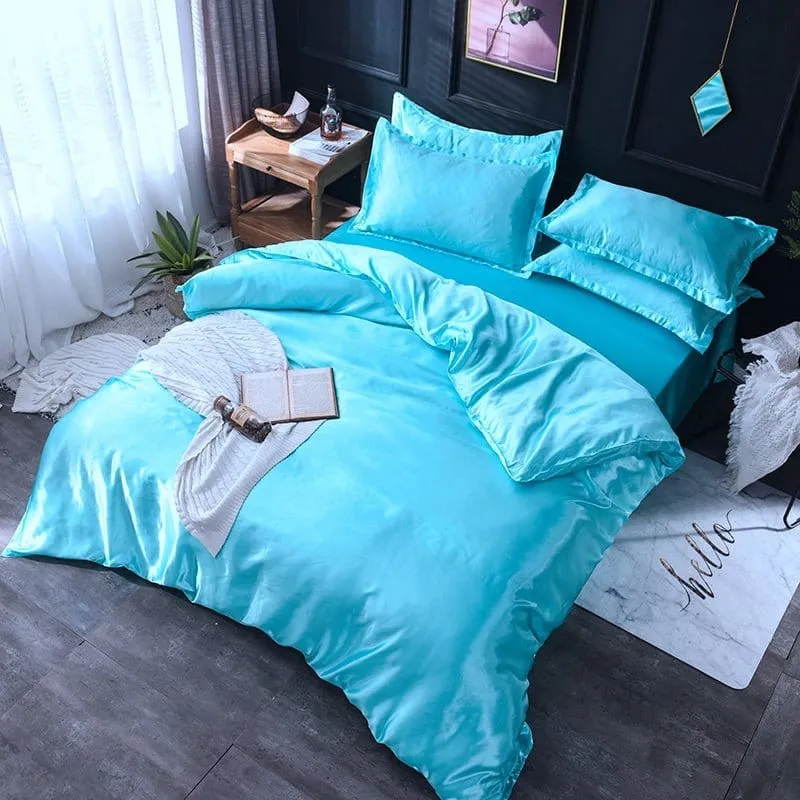 Bleu turquoise type satin - Drap housse / Housse de couette / 2 taies d'oreiller