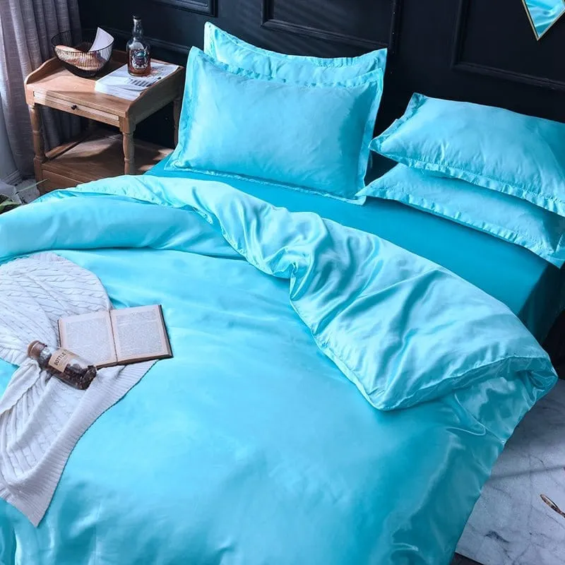 Bleu turquoise type satin - Drap housse / Housse de couette / 2 taies d'oreiller