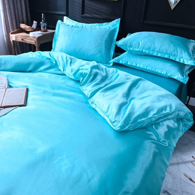 Bleu turquoise type satin - Drap housse / Housse de couette / 2 taies d'oreiller