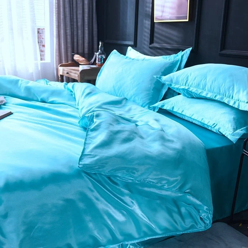 Bleu turquoise type satin - Drap housse / Housse de couette / 2 taies d'oreiller