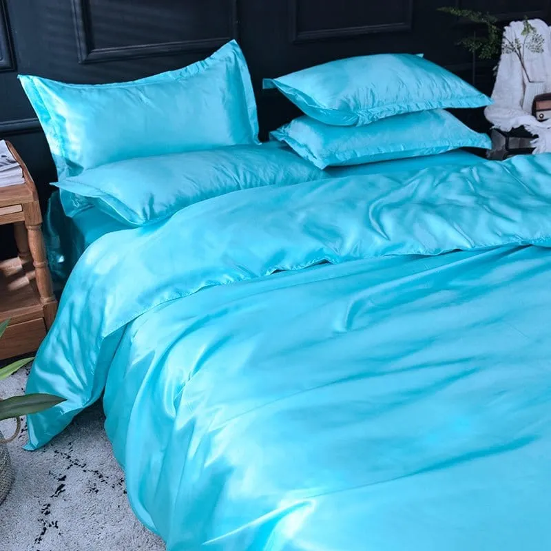 Bleu turquoise type satin - Drap housse / Housse de couette / 2 taies d'oreiller