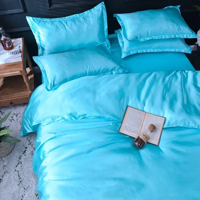 Bleu turquoise type satin - Drap housse / Housse de couette / 2 taies d'oreiller