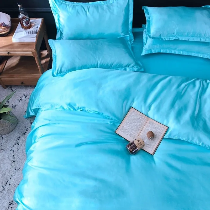 Bleu turquoise type satin - Drap housse / Housse de couette / 2 taies d'oreiller