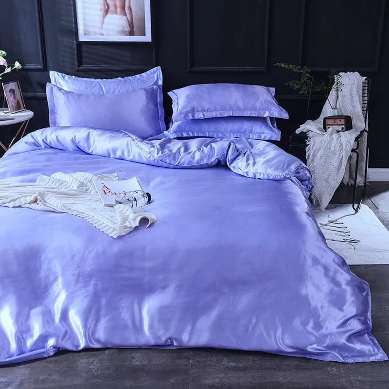Bleu lavande type satin - Drap housse / Housse de couette / 2 taies d'oreiller