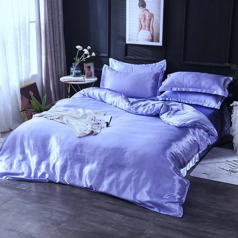 Bleu lavande type satin - Drap housse / Housse de couette / 2 taies d'oreiller