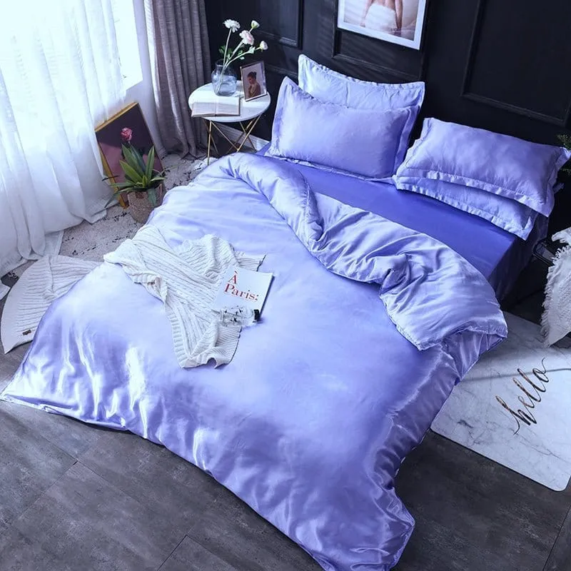 Bleu lavande type satin - Drap housse / Housse de couette / 2 taies d'oreiller