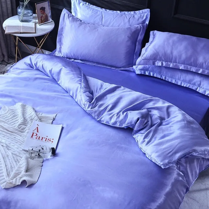 Bleu lavande type satin - Drap housse / Housse de couette / 2 taies d'oreiller