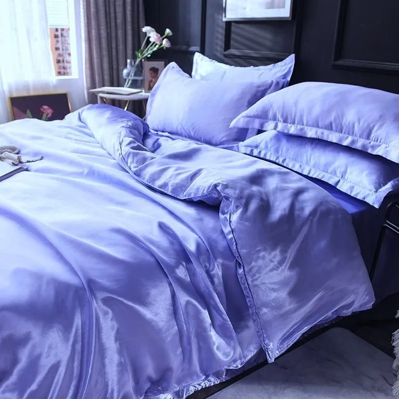 Bleu lavande type satin - Drap housse / Housse de couette / 2 taies d'oreiller