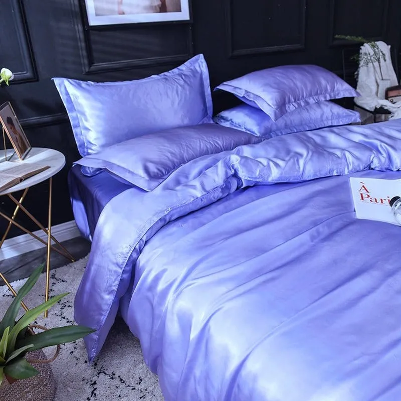 Bleu lavande type satin - Drap housse / Housse de couette / 2 taies d'oreiller