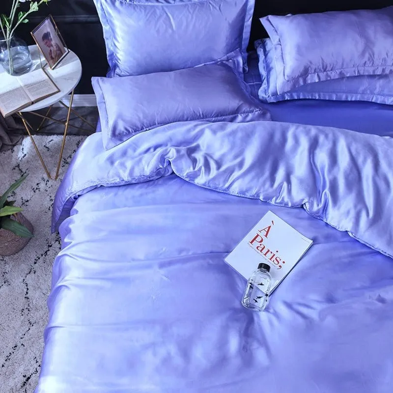 Bleu lavande type satin - Drap housse / Housse de couette / 2 taies d'oreiller