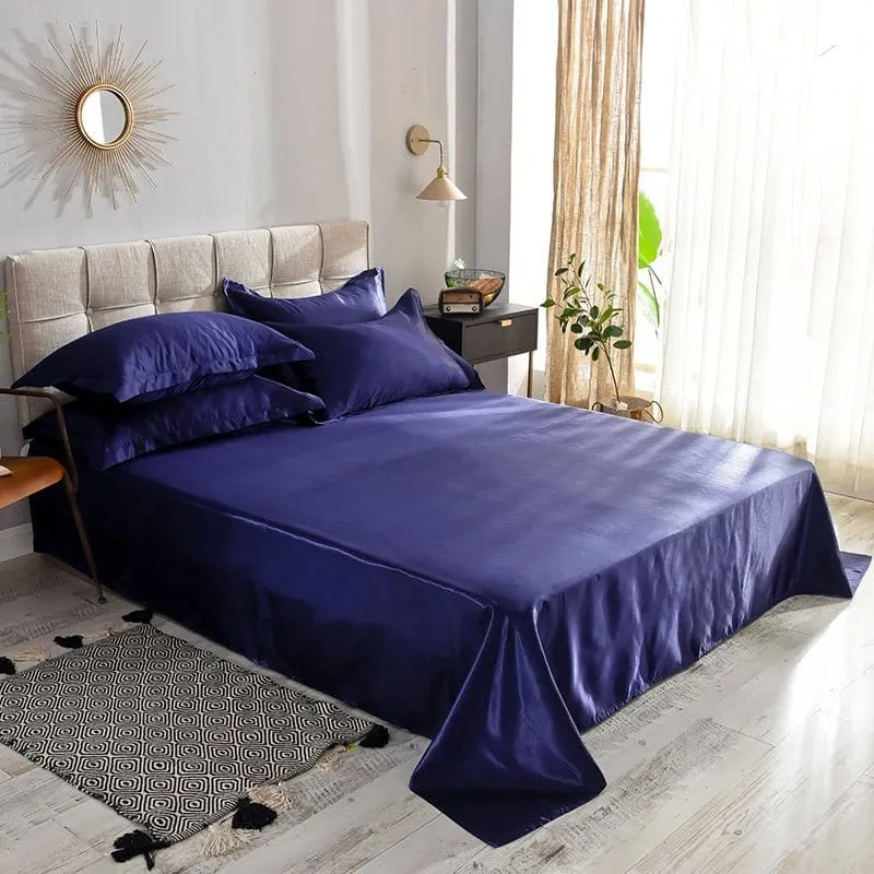 Bleu foncé type satin - Drap housse / Housse de couette / 2 taies d'oreiller