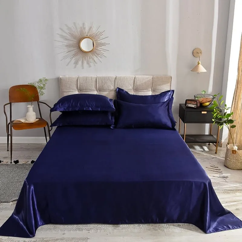 Bleu foncé type satin - Drap housse / Housse de couette / 2 taies d'oreiller