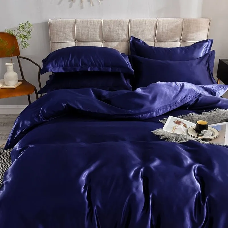Bleu foncé type satin - Drap housse / Housse de couette / 2 taies d'oreiller