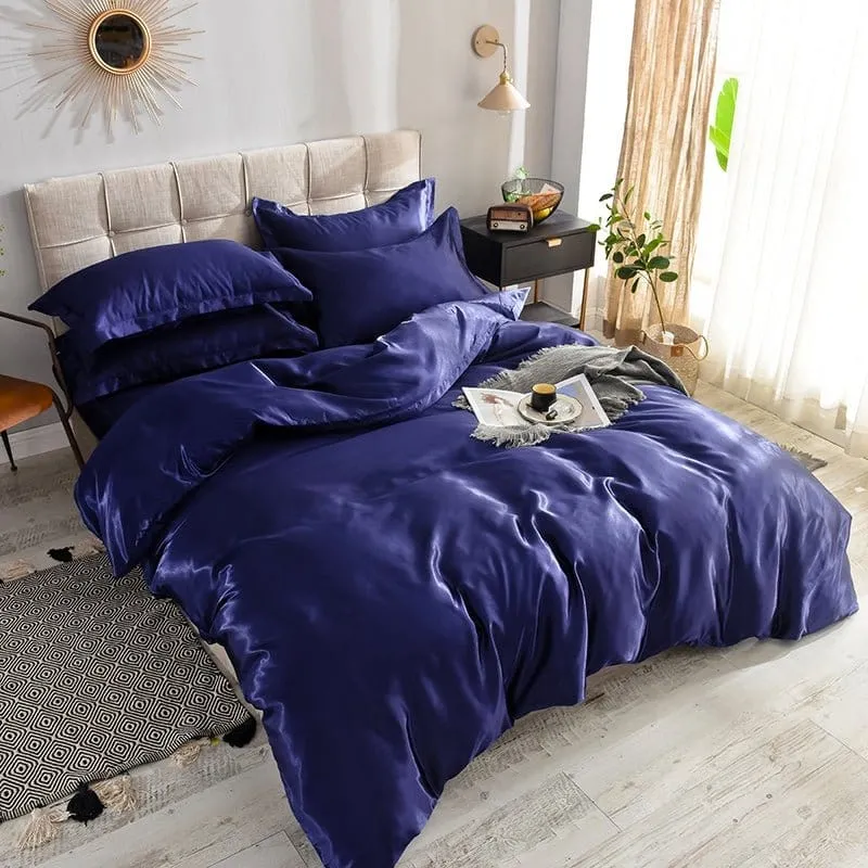 Bleu foncé type satin - Drap housse / Housse de couette / 2 taies d'oreiller