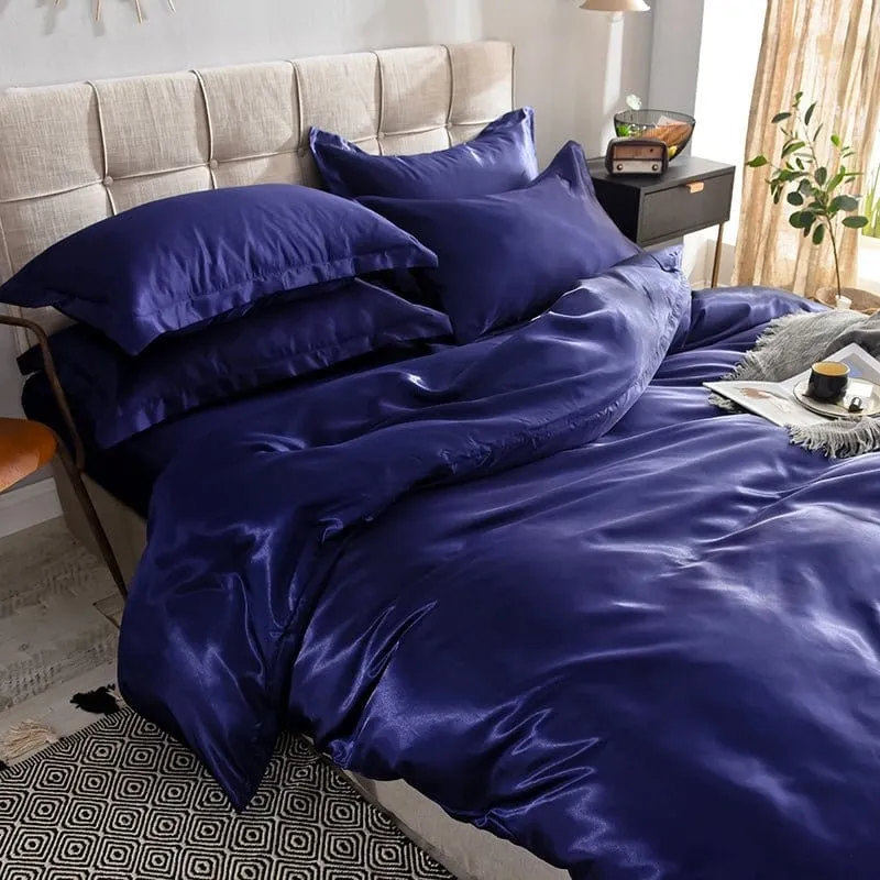 Bleu foncé type satin - Drap housse / Housse de couette / 2 taies d'oreiller