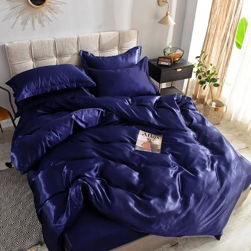 Bleu foncé type satin - Drap housse / Housse de couette / 2 taies d'oreiller