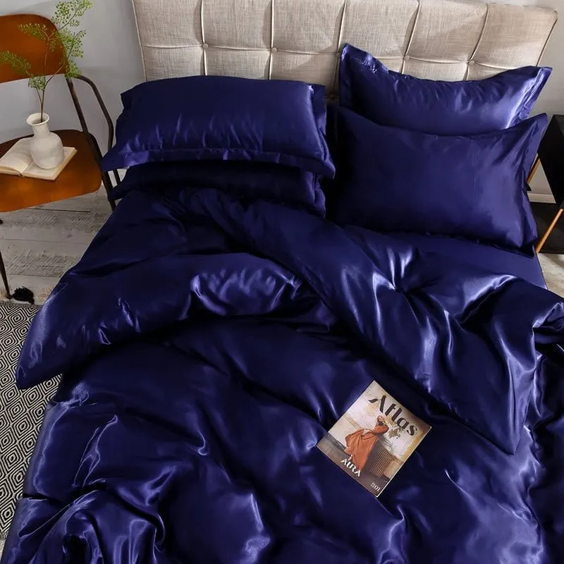 Bleu foncé type satin - Drap housse / Housse de couette / 2 taies d'oreiller
