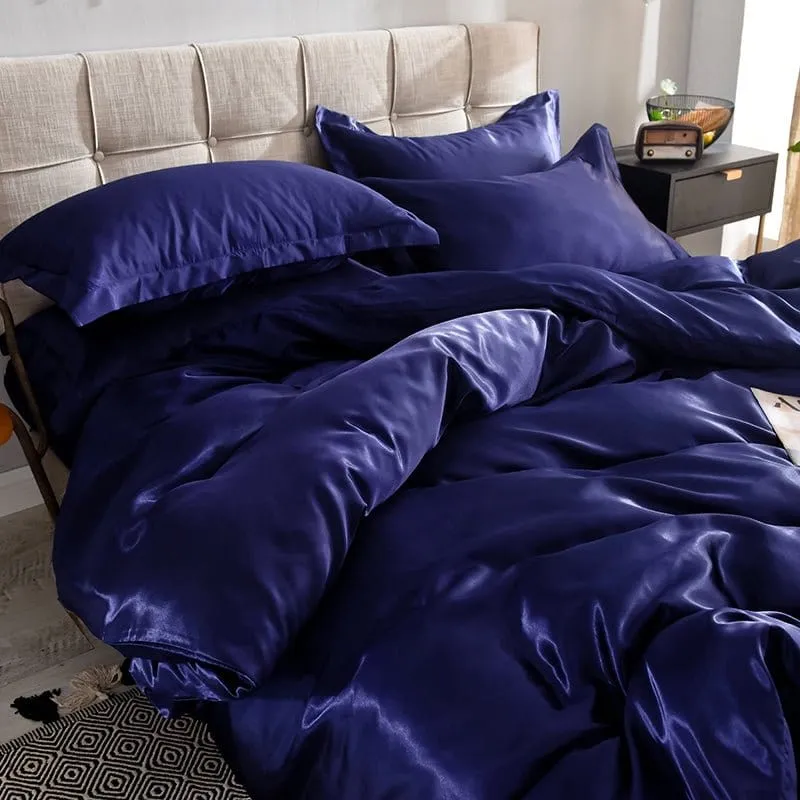 Bleu foncé type satin - Drap housse / Housse de couette / 2 taies d'oreiller