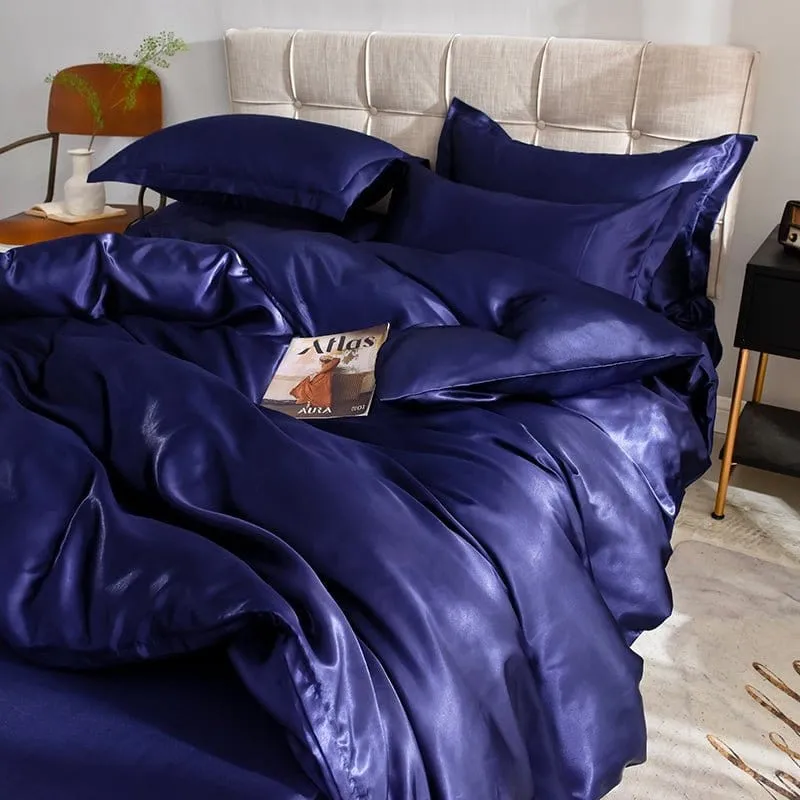 Bleu foncé type satin - Drap housse / Housse de couette / 2 taies d'oreiller