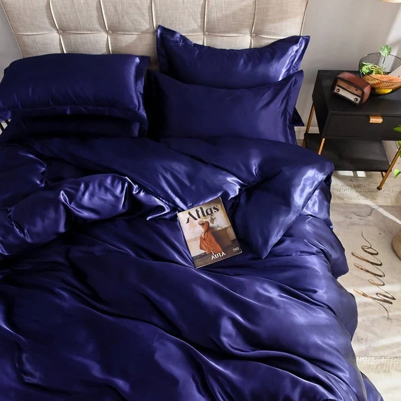 Bleu foncé type satin - Drap housse / Housse de couette / 2 taies d'oreiller