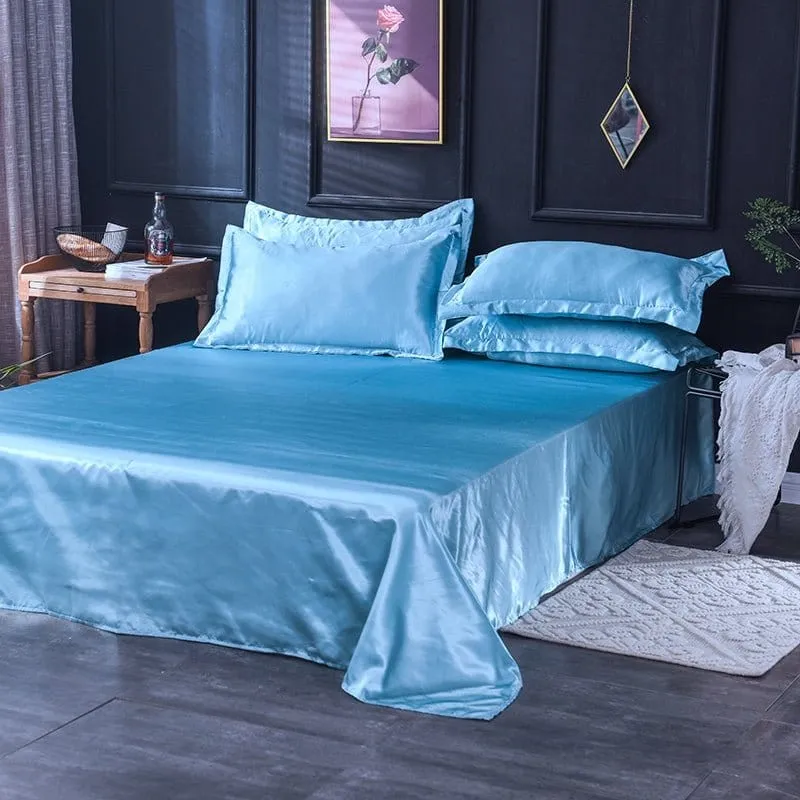 Bleu ciel type satin - Drap housse / Housse de couette / 2 taies d'oreiller