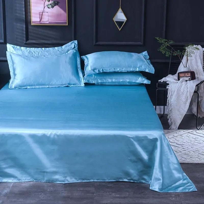 Bleu ciel type satin - Drap housse / Housse de couette / 2 taies d'oreiller