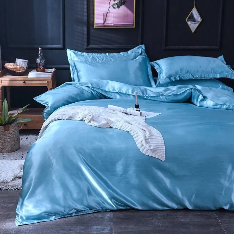 Bleu ciel type satin - Drap housse / Housse de couette / 2 taies d'oreiller