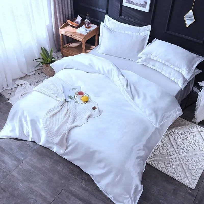 Blanc type satin - Drap housse / Housse de couette / 2 taies d'oreiller