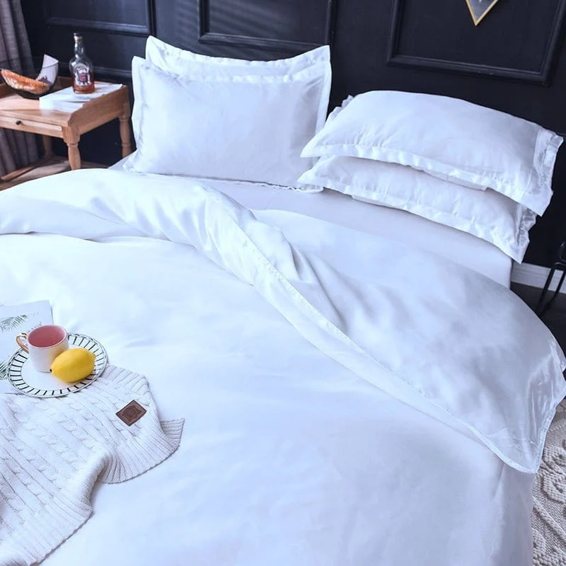 Blanc type satin - Drap housse / Housse de couette / 2 taies d'oreiller