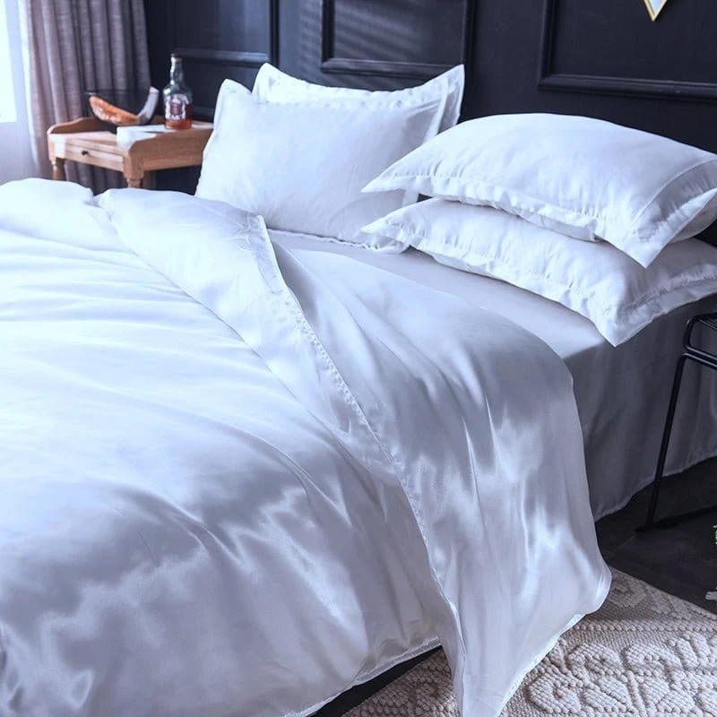 Blanc type satin - Drap housse / Housse de couette / 2 taies d'oreiller