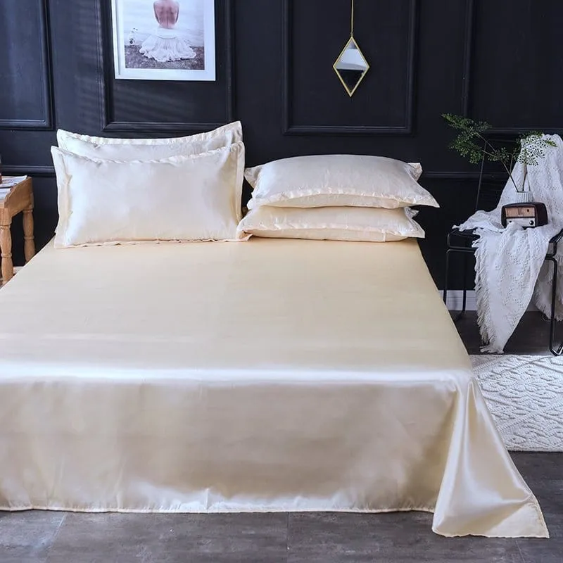 Beige clair type satin - Drap housse / Housse de couette / 2 taies d'oreiller