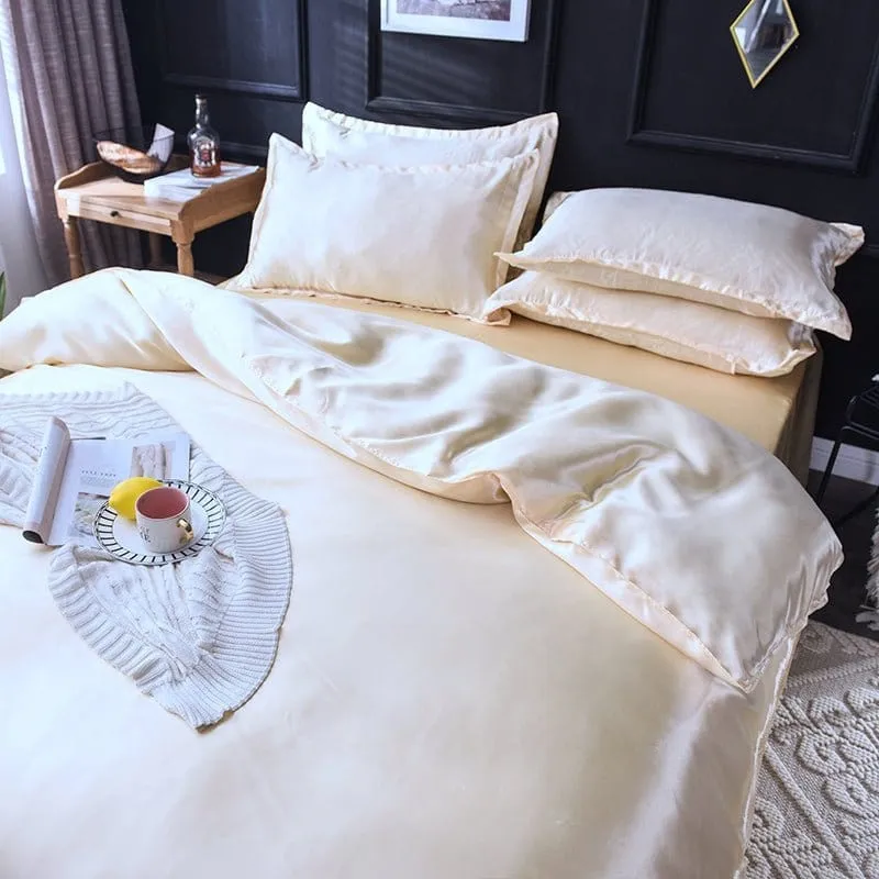 Beige clair type satin - Drap housse / Housse de couette / 2 taies d'oreiller