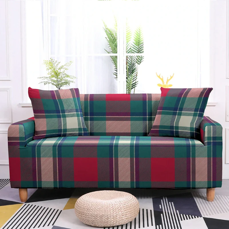 Housse de Canapé Tartan Vert et Rouge