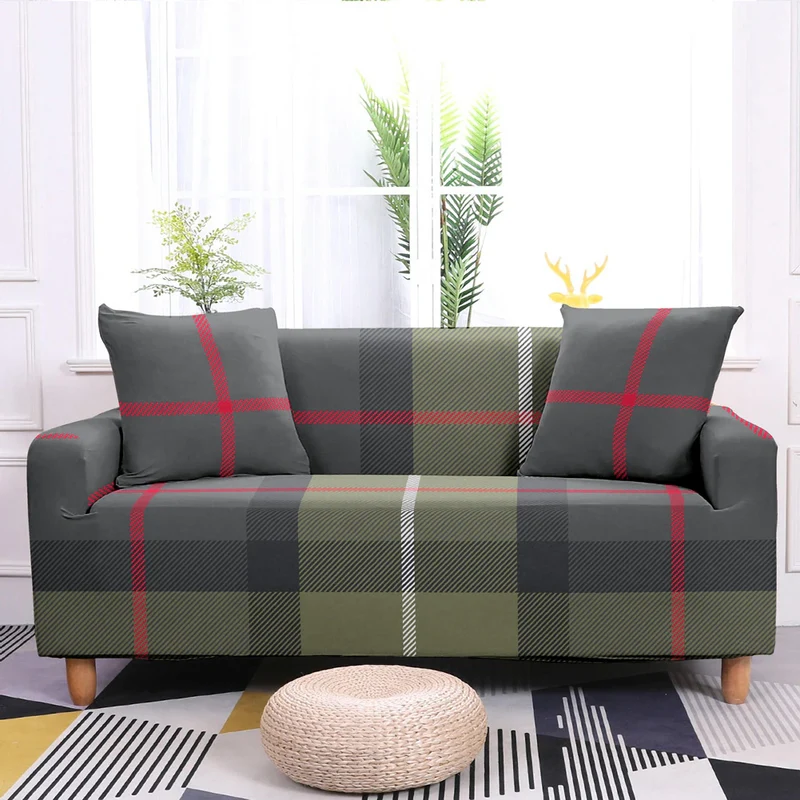 Housse de Canapé Tartan Vert et Grise