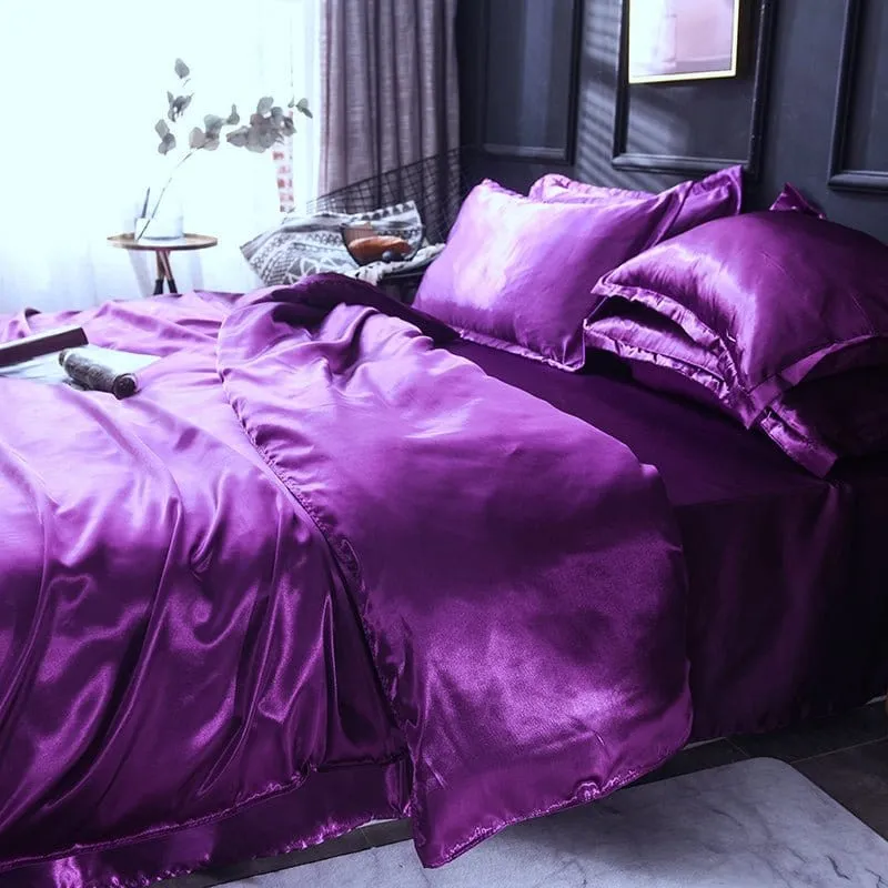 Violet type satin - Drap housse / Housse de couette / 2 taies d'oreiller