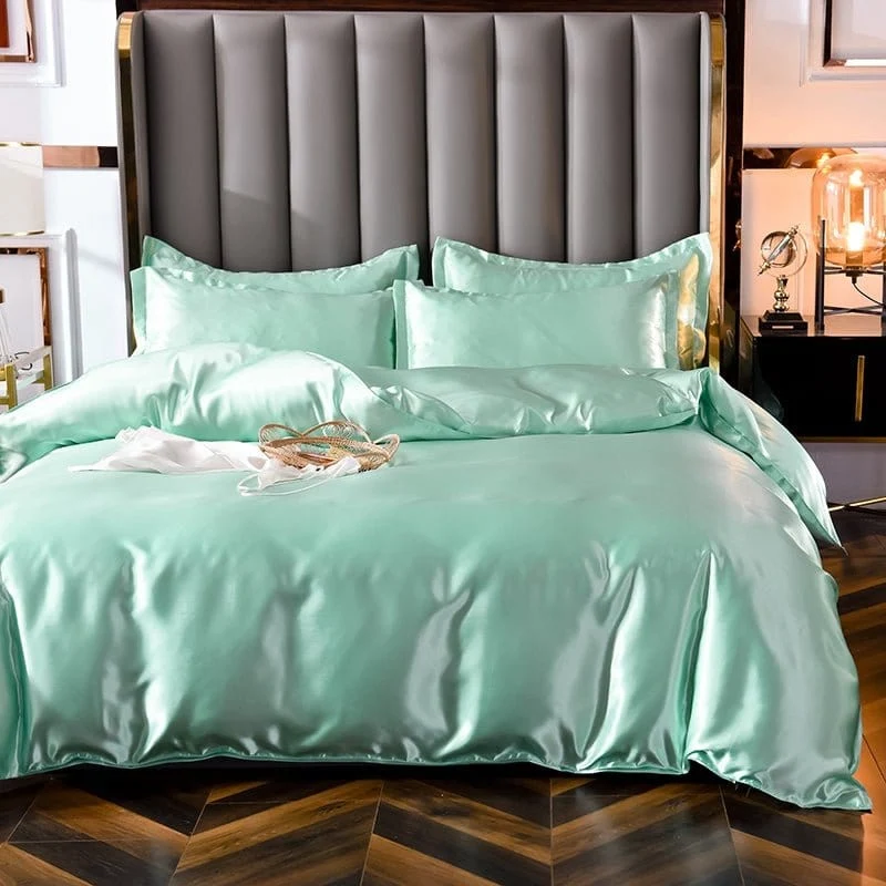 Vert opaline type satin - Drap housse / Housse de couette / 2 taies d'oreiller