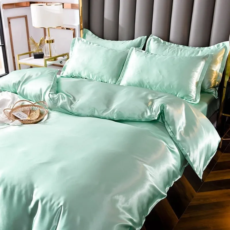 Vert opaline type satin - Drap housse / Housse de couette / 2 taies d'oreiller