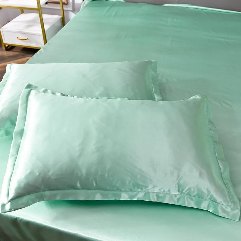 Vert opaline type satin - Drap housse / Housse de couette / 2 taies d'oreiller