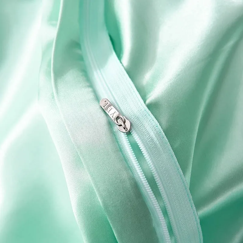 Vert opaline type satin - Drap housse / Housse de couette / 2 taies d'oreiller