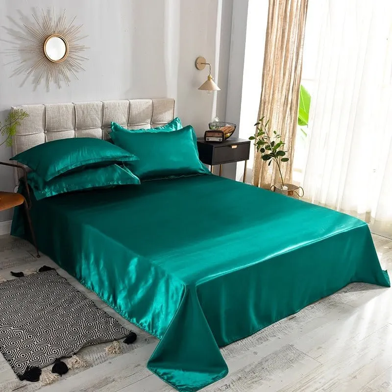 Vert type satin - Drap housse / Housse de couette / 2 taies d'oreiller