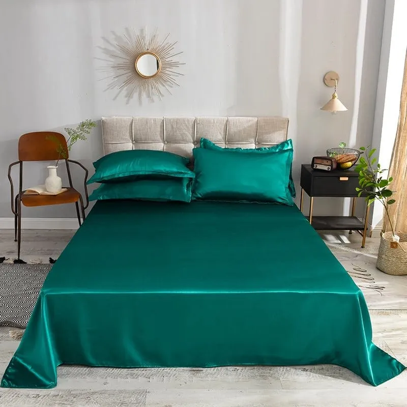Vert type satin - Drap housse / Housse de couette / 2 taies d'oreiller