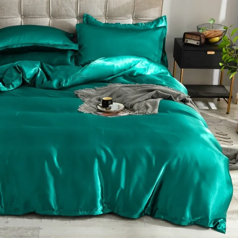 Vert type satin - Drap housse / Housse de couette / 2 taies d'oreiller