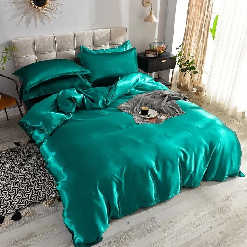 Vert type satin - Drap housse / Housse de couette / 2 taies d'oreiller