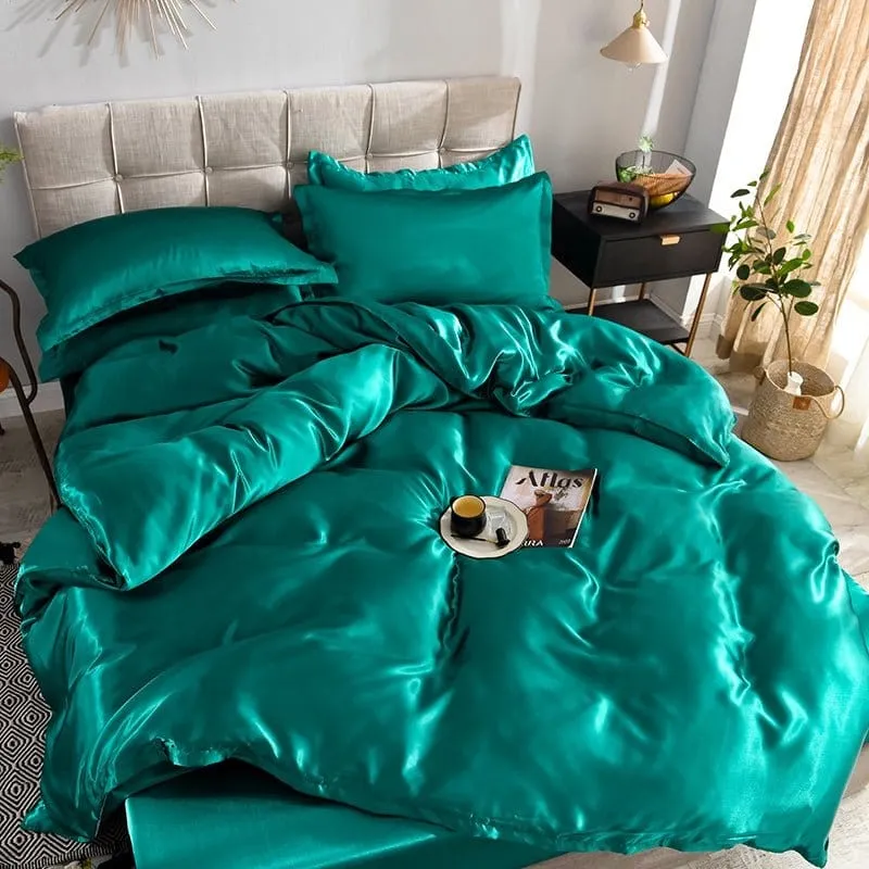 Vert type satin - Drap housse / Housse de couette / 2 taies d'oreiller